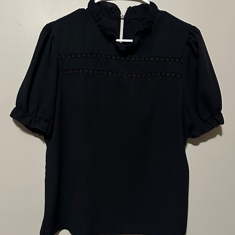 Black Ruffle-Neck Puff Sleeve Blouse
